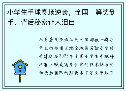 小学生手球赛场逆袭，全国一等奖到手，背后秘密让人泪目